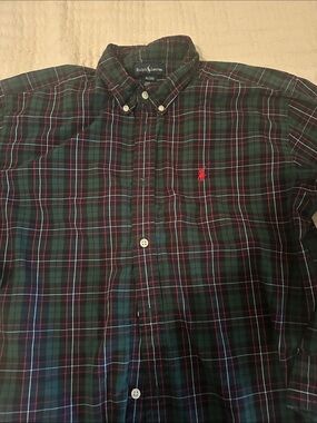 Boys 20 XL Ralph Lauren Dark Green Plaid Button-Down Shirt Christmas Red Logo